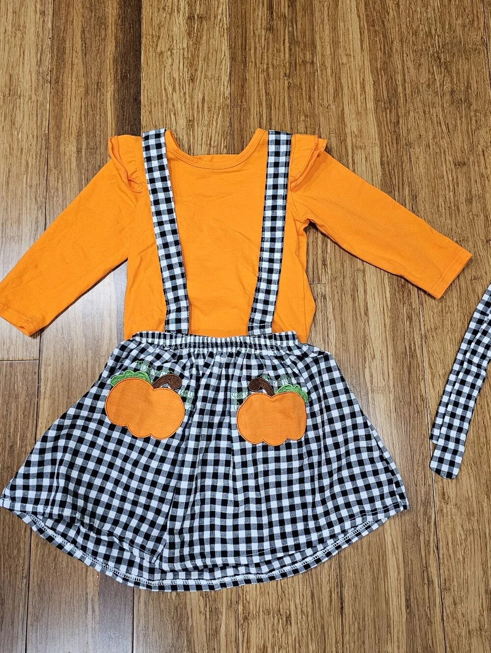 New Toddler Girls 3-Piece Pumpkin Gingham Overall Skirt Outfit Set 4/5